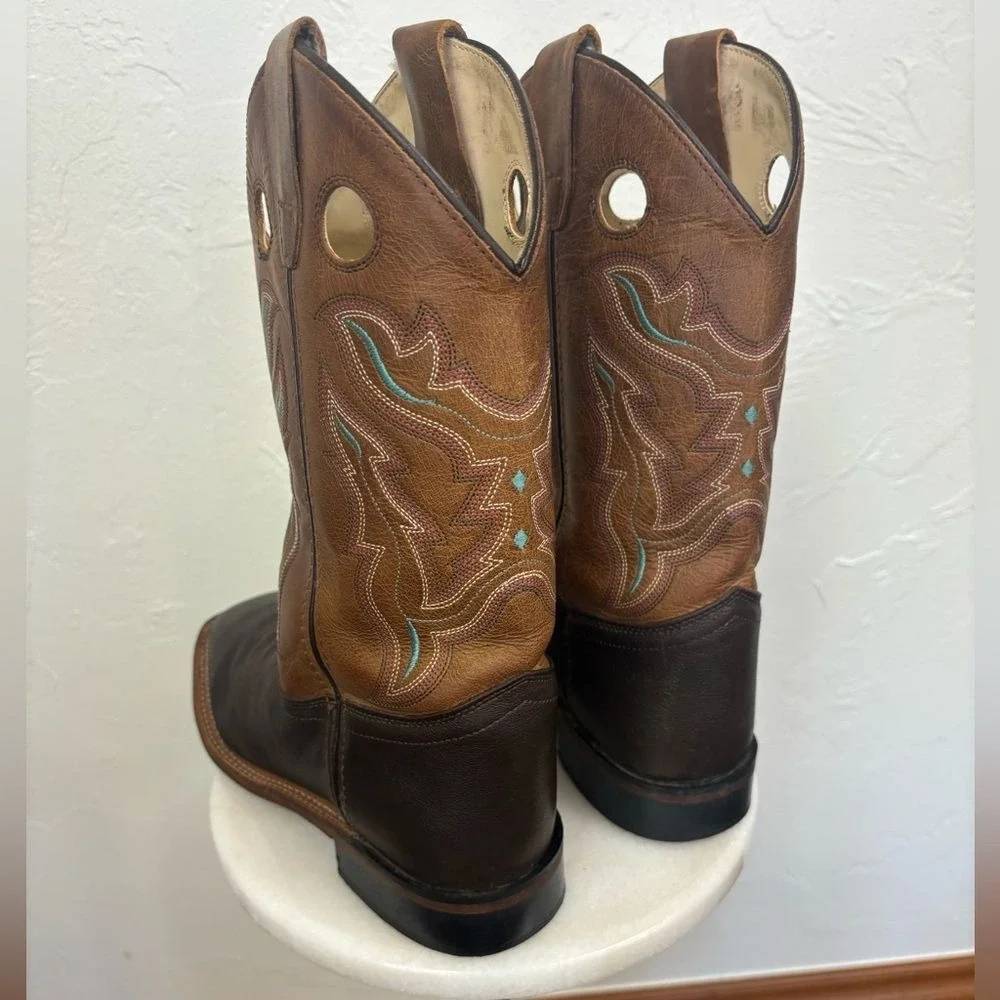OLD WEST Broad Square Toe‎ Western Cowboy Boots Brown Tan Leather Cowgirl 6